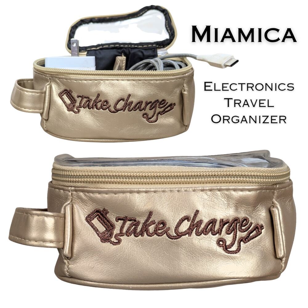 Miamica Charger Travel Case Gold Satin Electronics Organizer Zipper Closure